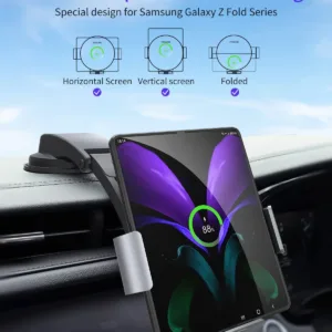 The NALACAL wireless car charger securely holds and charges a Samsung Galaxy Z Fold phone, featuring dual coils for efficient wireless charging and auto-clamping for one-handed operation in a car setting.
