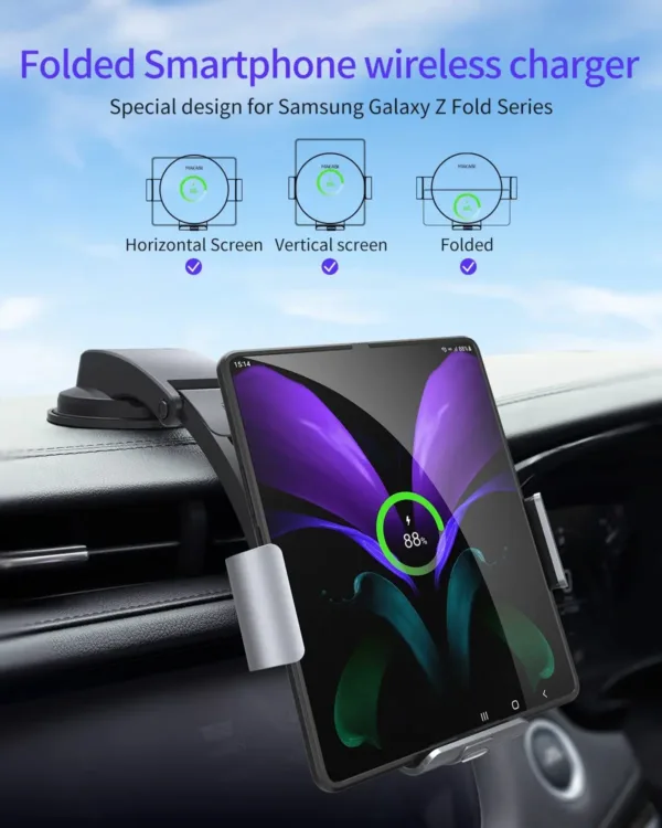The NALACAL wireless car charger securely holds and charges a Samsung Galaxy Z Fold phone, featuring dual coils for efficient wireless charging and auto-clamping for one-handed operation in a car setting.