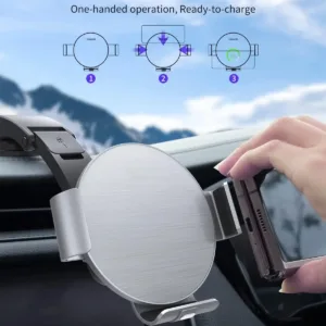 The NALACAL wireless car charger securely holds and charges a Samsung Galaxy Z Fold phone, featuring dual coils for efficient wireless charging and auto-clamping for one-handed operation in a car setting.