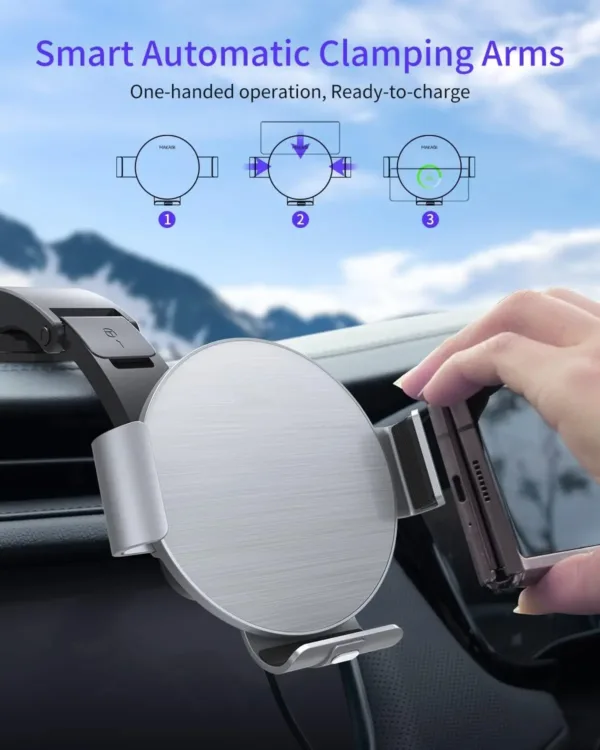 The NALACAL wireless car charger securely holds and charges a Samsung Galaxy Z Fold phone, featuring dual coils for efficient wireless charging and auto-clamping for one-handed operation in a car setting.