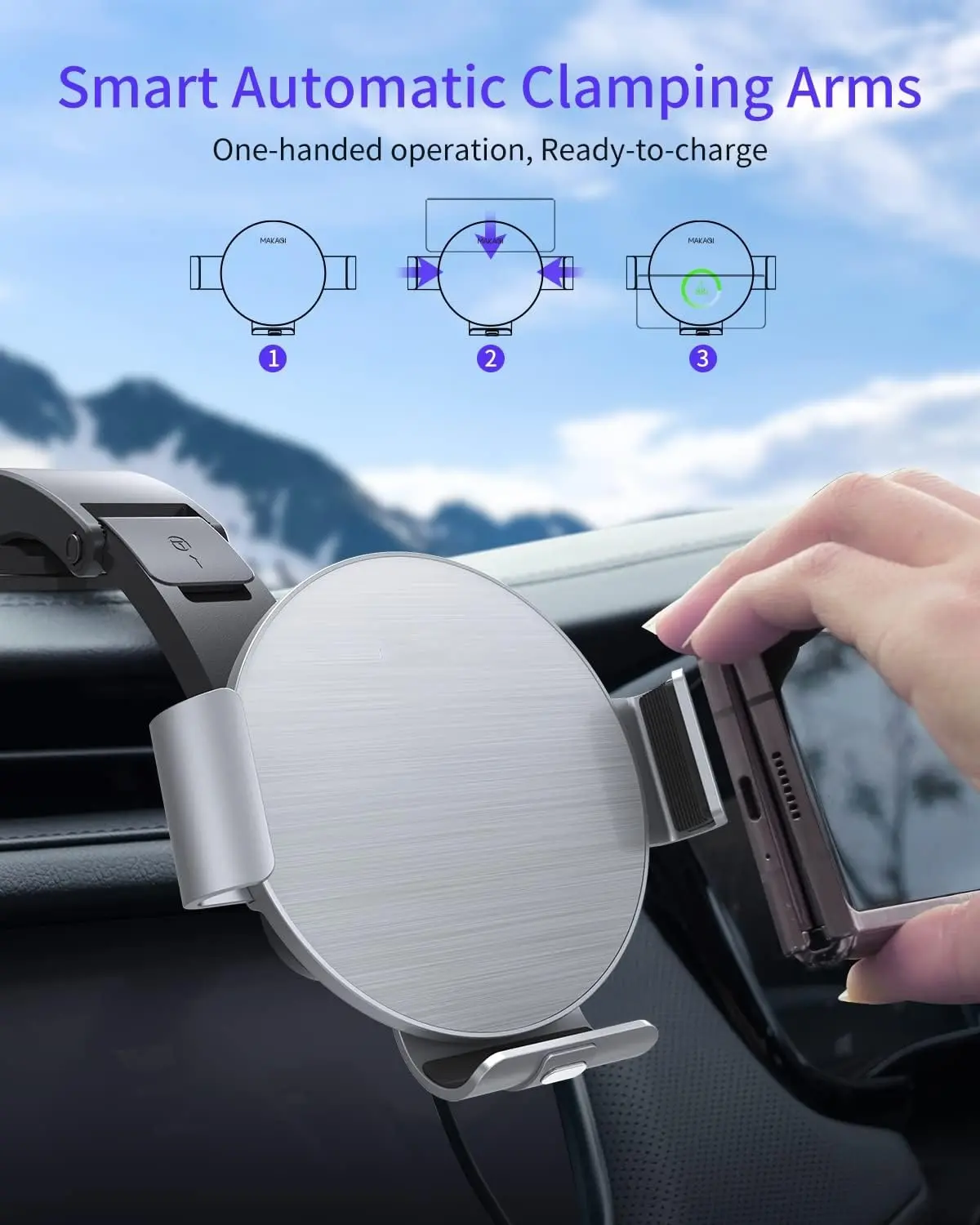 The NALACAL wireless car charger securely holds and charges a Samsung Galaxy Z Fold phone, featuring dual coils for efficient wireless charging and auto-clamping for one-handed operation in a car setting.