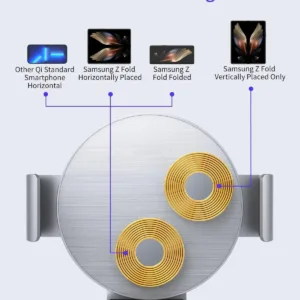 The NALACAL wireless car charger securely holds and charges a Samsung Galaxy Z Fold phone, featuring dual coils for efficient wireless charging and auto-clamping for one-handed operation in a car setting.