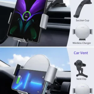 The NALACAL wireless car charger securely holds and charges a Samsung Galaxy Z Fold phone, featuring dual coils for efficient wireless charging and auto-clamping for one-handed operation in a car setting.