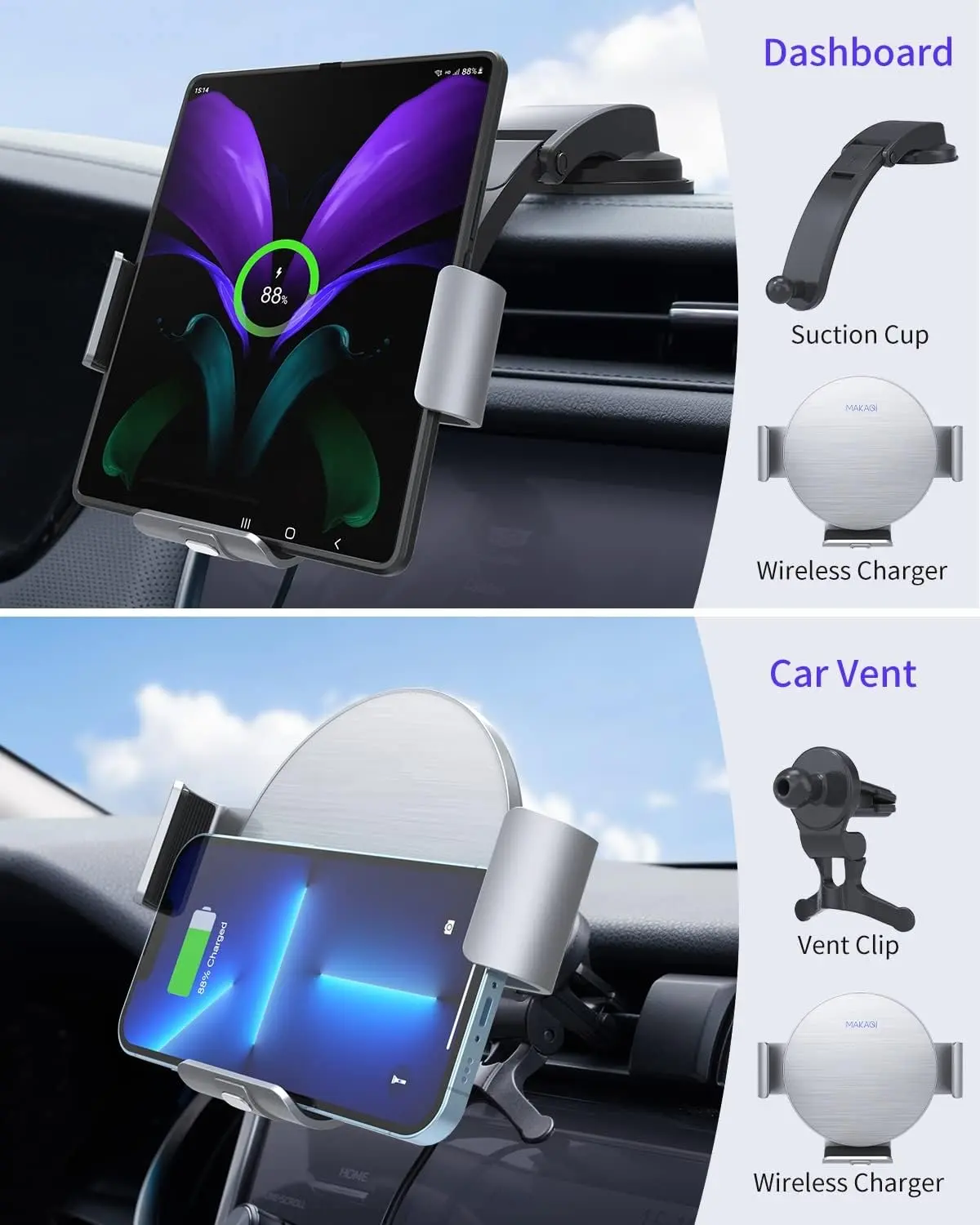 The NALACAL wireless car charger securely holds and charges a Samsung Galaxy Z Fold phone, featuring dual coils for efficient wireless charging and auto-clamping for one-handed operation in a car setting.