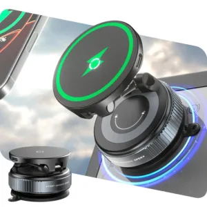 CloudValley 15W wireless car charger securely holds an iPhone with MagSafe using a magnetic mount and gel suction cup for dashboard or windshield attachment, offering 360° rotation and a folding arm for optimal viewing.