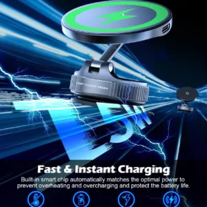 CloudValley 15W wireless car charger securely holds an iPhone with MagSafe using a magnetic mount and gel suction cup for dashboard or windshield attachment, offering 360° rotation and a folding arm for optimal viewing.