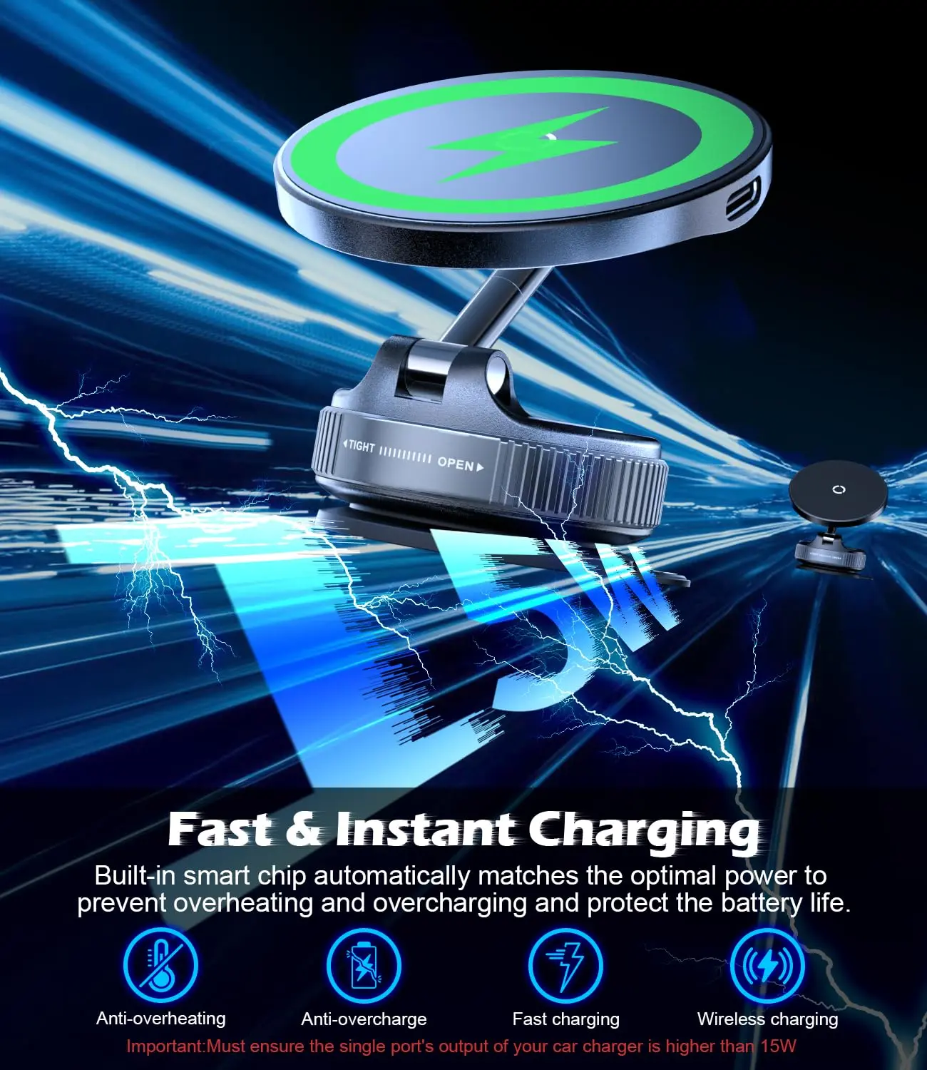 CloudValley 15W wireless car charger securely holds an iPhone with MagSafe using a magnetic mount and gel suction cup for dashboard or windshield attachment, offering 360° rotation and a folding arm for optimal viewing.
