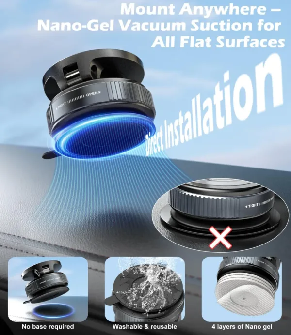 CloudValley 15W wireless car charger securely holds an iPhone with MagSafe using a magnetic mount and gel suction cup for dashboard or windshield attachment, offering 360° rotation and a folding arm for optimal viewing.