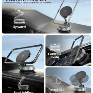 CloudValley 15W wireless car charger securely holds an iPhone with MagSafe using a magnetic mount and gel suction cup for dashboard or windshield attachment, offering 360° rotation and a folding arm for optimal viewing.