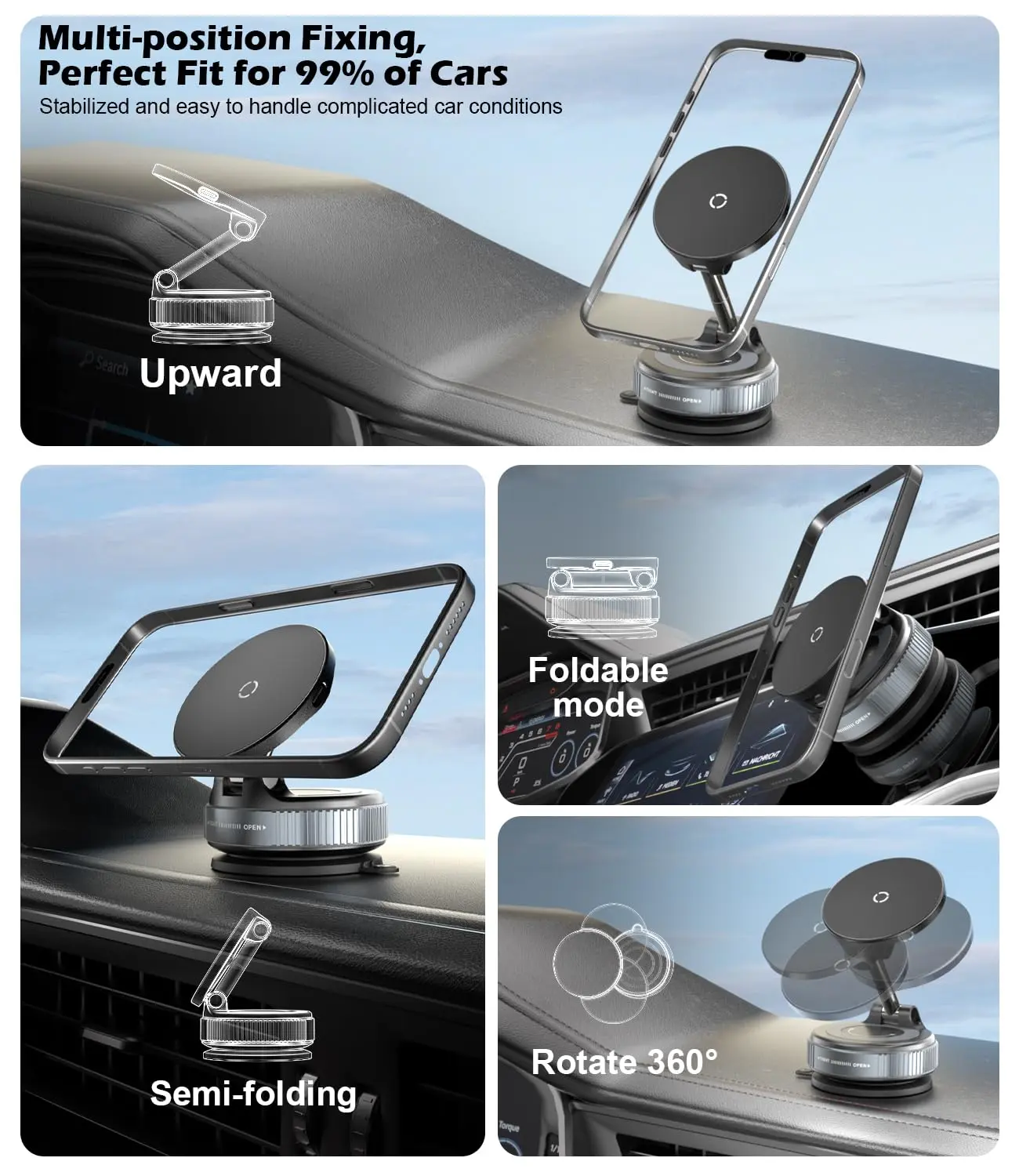 CloudValley 15W wireless car charger securely holds an iPhone with MagSafe using a magnetic mount and gel suction cup for dashboard or windshield attachment, offering 360° rotation and a folding arm for optimal viewing.