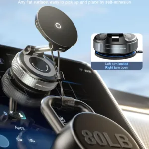 CloudValley 15W wireless car charger securely holds an iPhone with MagSafe using a magnetic mount and gel suction cup for dashboard or windshield attachment, offering 360° rotation and a folding arm for optimal viewing.