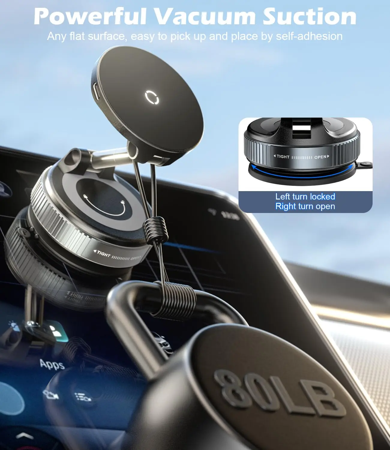 CloudValley 15W wireless car charger securely holds an iPhone with MagSafe using a magnetic mount and gel suction cup for dashboard or windshield attachment, offering 360° rotation and a folding arm for optimal viewing.