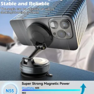 CloudValley 15W wireless car charger securely holds an iPhone with MagSafe using a magnetic mount and gel suction cup for dashboard or windshield attachment, offering 360° rotation and a folding arm for optimal viewing.