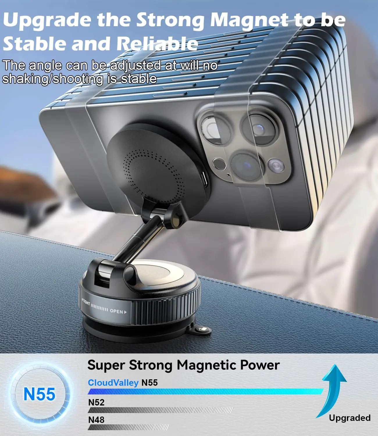 CloudValley 15W wireless car charger securely holds an iPhone with MagSafe using a magnetic mount and gel suction cup for dashboard or windshield attachment, offering 360° rotation and a folding arm for optimal viewing.
