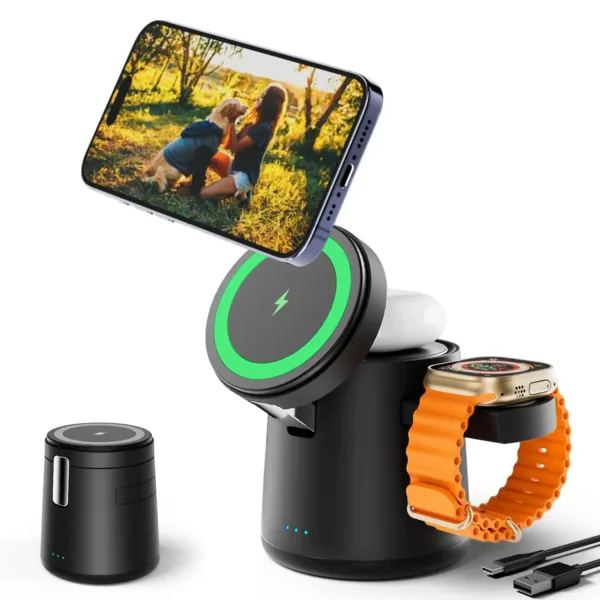 This 3 in 1 wireless charger stand allows you to simultaneously charge your iPhone, Apple Watch, and AirPods, providing fast 15W Qi wireless charging with magnetic alignment and versatile viewing angles.