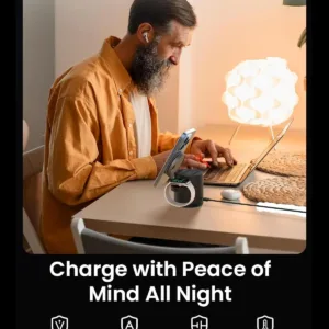 This 3 in 1 wireless charger stand allows you to simultaneously charge your iPhone, Apple Watch, and AirPods, providing fast 15W Qi wireless charging with magnetic alignment and versatile viewing angles.