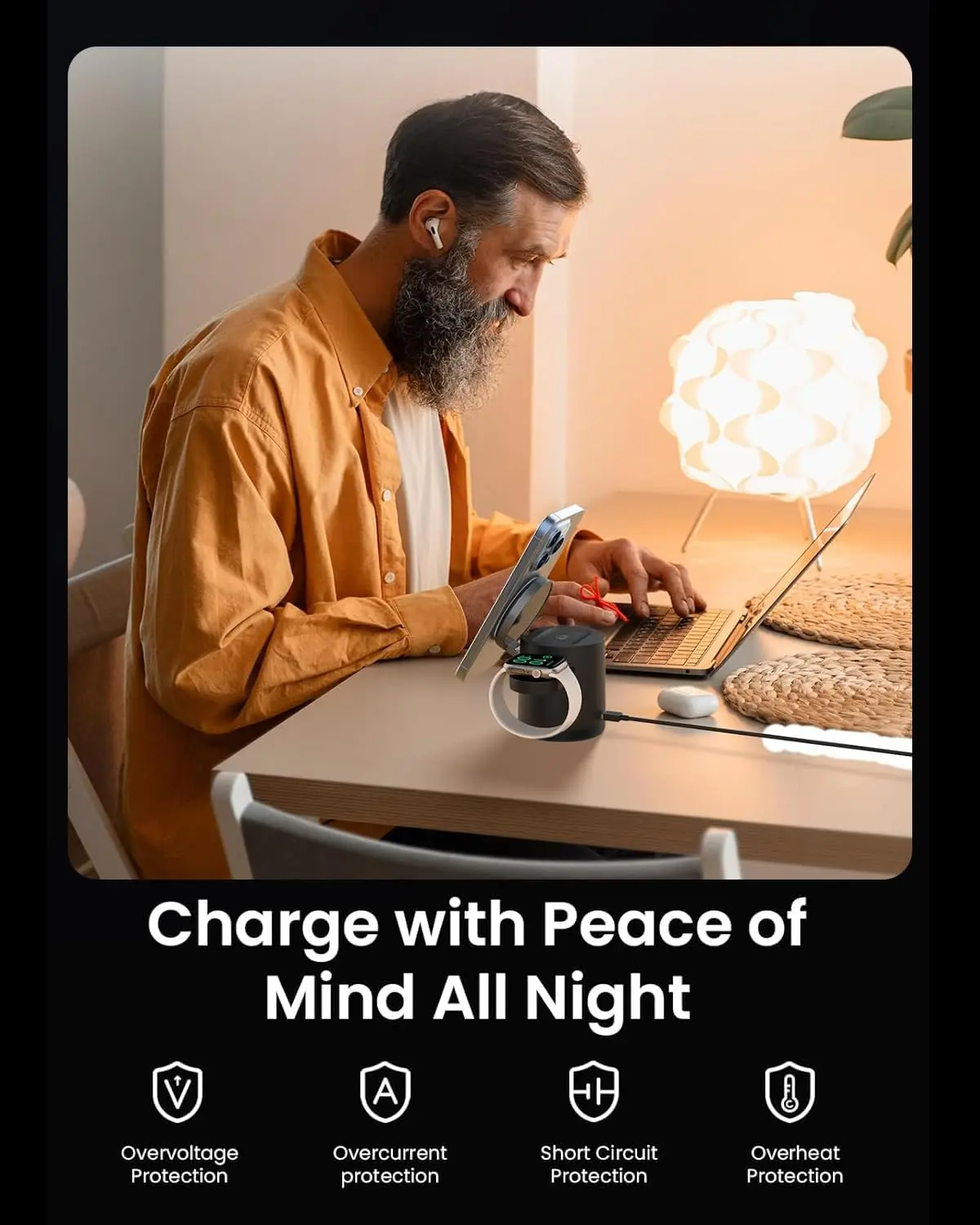 This 3 in 1 wireless charger stand allows you to simultaneously charge your iPhone, Apple Watch, and AirPods, providing fast 15W Qi wireless charging with magnetic alignment and versatile viewing angles.