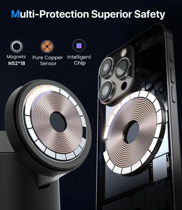 This 3 in 1 wireless charger stand allows you to simultaneously charge your iPhone, Apple Watch, and AirPods, providing fast 15W Qi wireless charging with magnetic alignment and versatile viewing angles.