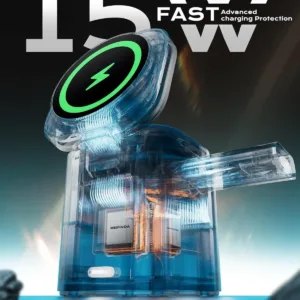 This 3 in 1 wireless charger stand allows you to simultaneously charge your iPhone, Apple Watch, and AirPods, providing fast 15W Qi wireless charging with magnetic alignment and versatile viewing angles.