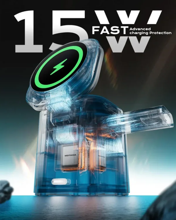 This 3 in 1 wireless charger stand allows you to simultaneously charge your iPhone, Apple Watch, and AirPods, providing fast 15W Qi wireless charging with magnetic alignment and versatile viewing angles.