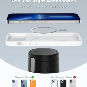 This 3 in 1 wireless charger stand allows you to simultaneously charge your iPhone, Apple Watch, and AirPods, providing fast 15W Qi wireless charging with magnetic alignment and versatile viewing angles.