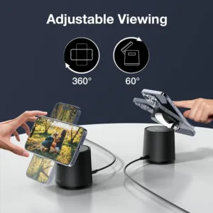 This 3 in 1 wireless charger stand allows you to simultaneously charge your iPhone, Apple Watch, and AirPods, providing fast 15W Qi wireless charging with magnetic alignment and versatile viewing angles.