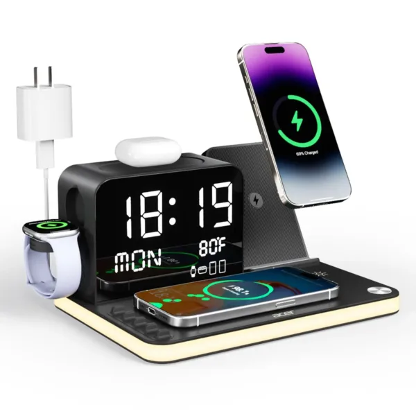 This 7-in-1 Acer wireless charging station charges multiple Apple devices like iPhones, Apple Watch, and AirPods simultaneously, with Bluetooth time sync and ambient lighting, for a clutter-free nightstand.