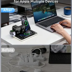 This 7-in-1 Acer wireless charging station charges multiple Apple devices like iPhones, Apple Watch, and AirPods simultaneously, with Bluetooth time sync and ambient lighting, for a clutter-free nightstand.