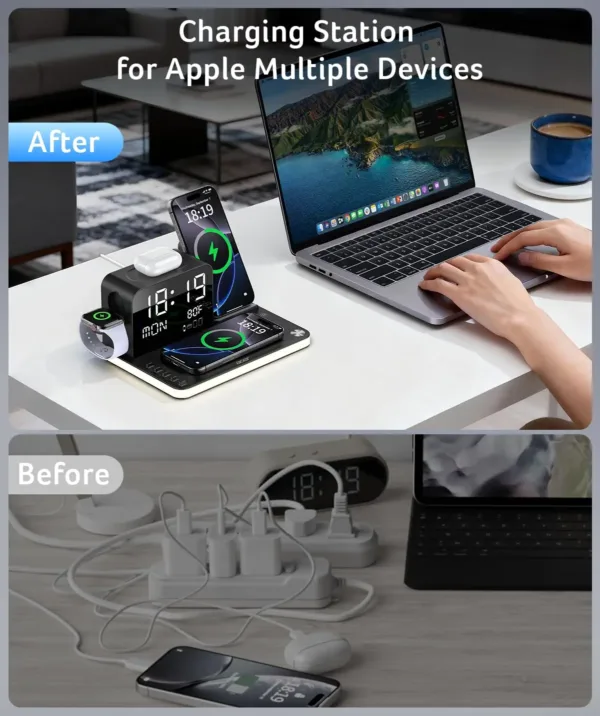 This 7-in-1 Acer wireless charging station charges multiple Apple devices like iPhones, Apple Watch, and AirPods simultaneously, with Bluetooth time sync and ambient lighting, for a clutter-free nightstand.