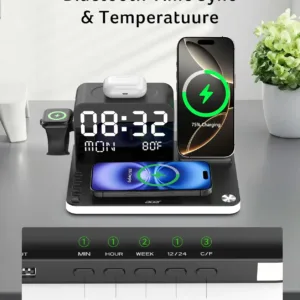 This 7-in-1 Acer wireless charging station charges multiple Apple devices like iPhones, Apple Watch, and AirPods simultaneously, with Bluetooth time sync and ambient lighting, for a clutter-free nightstand.
