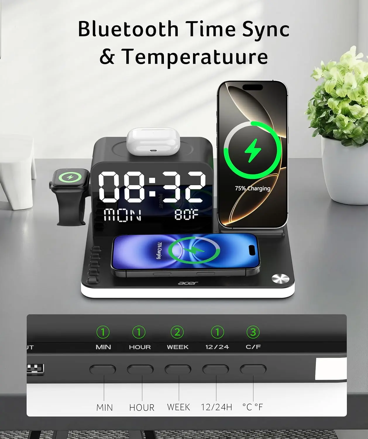 This 7-in-1 Acer wireless charging station charges multiple Apple devices like iPhones, Apple Watch, and AirPods simultaneously, with Bluetooth time sync and ambient lighting, for a clutter-free nightstand.