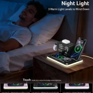 This 7-in-1 Acer wireless charging station charges multiple Apple devices like iPhones, Apple Watch, and AirPods simultaneously, with Bluetooth time sync and ambient lighting, for a clutter-free nightstand.