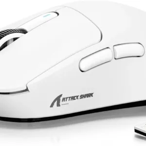 This white ATTACK SHARK X3 wireless gaming mouse features a lightweight 49g ergonomic design, triple modes, a precise PAW3395 26K DPI optical sensor, long-lasting 200-hour battery life, and programmable buttons, making it the perfect gaming accessory for PC, laptop, and Mac users.