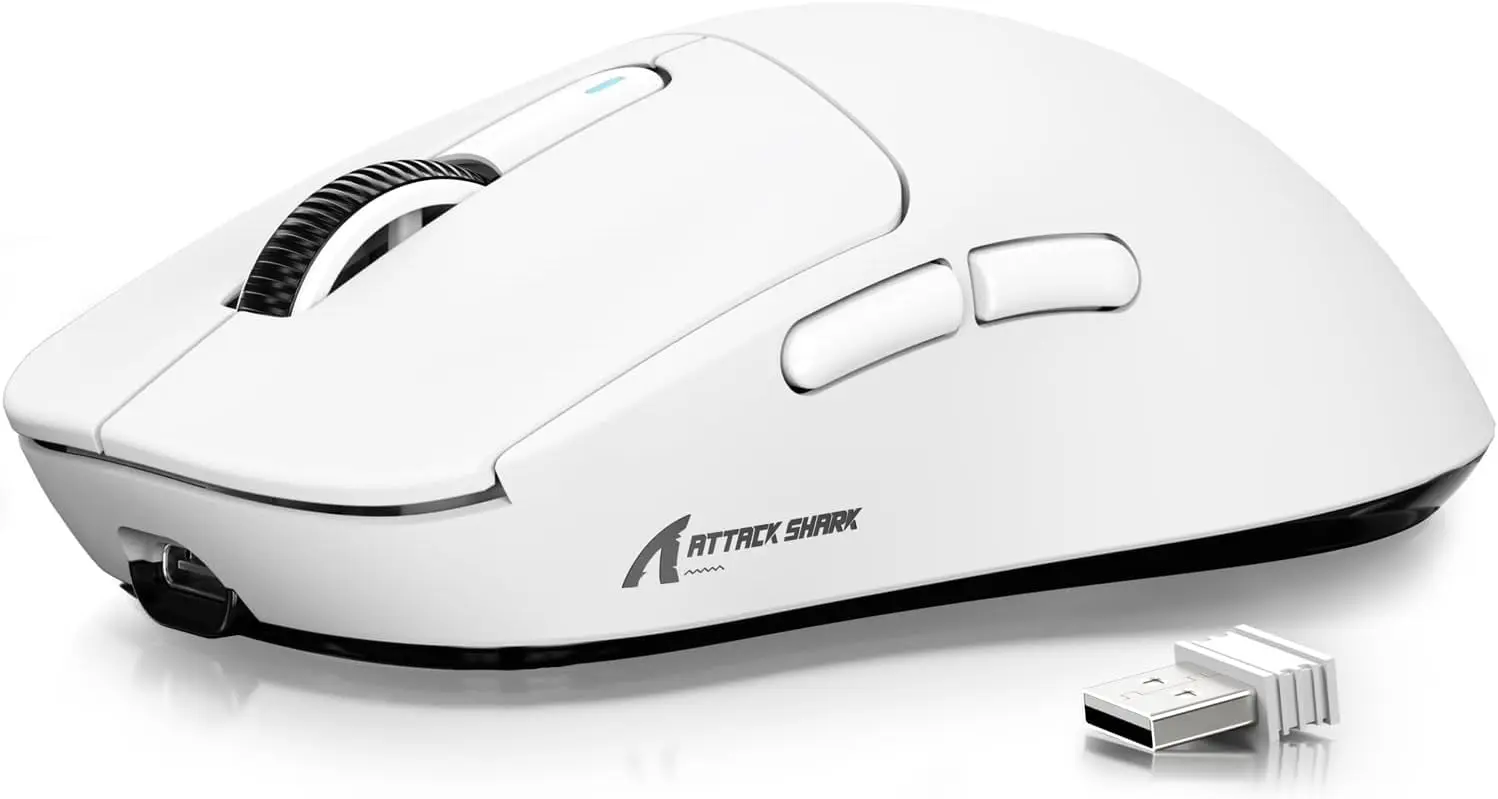 This white ATTACK SHARK X3 wireless gaming mouse features a lightweight 49g ergonomic design, triple modes, a precise PAW3395 26K DPI optical sensor, long-lasting 200-hour battery life, and programmable buttons, making it the perfect gaming accessory for PC, laptop, and Mac users.