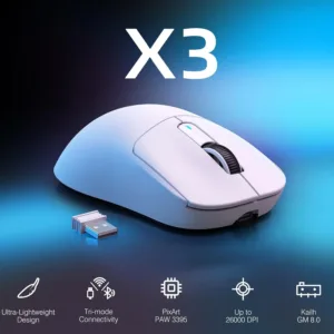 This white ATTACK SHARK X3 wireless gaming mouse features a lightweight 49g ergonomic design, triple modes, a precise PAW3395 26K DPI optical sensor, long-lasting 200-hour battery life, and programmable buttons, making it the perfect gaming accessory for PC, laptop, and Mac users.