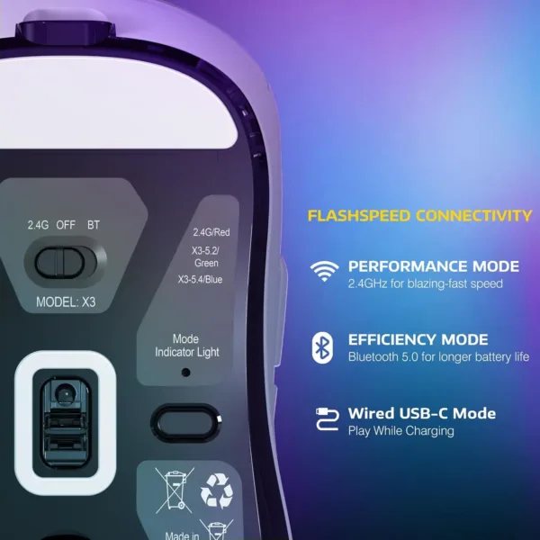 This white ATTACK SHARK X3 wireless gaming mouse features a lightweight 49g ergonomic design, triple modes, a precise PAW3395 26K DPI optical sensor, long-lasting 200-hour battery life, and programmable buttons, making it the perfect gaming accessory for PC, laptop, and Mac users.