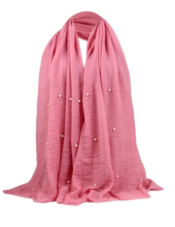 A breathable, long, oblong, solid color women's Islamic cotton and linen scarf with pearl embellishments, perfect as a head cover or stole.