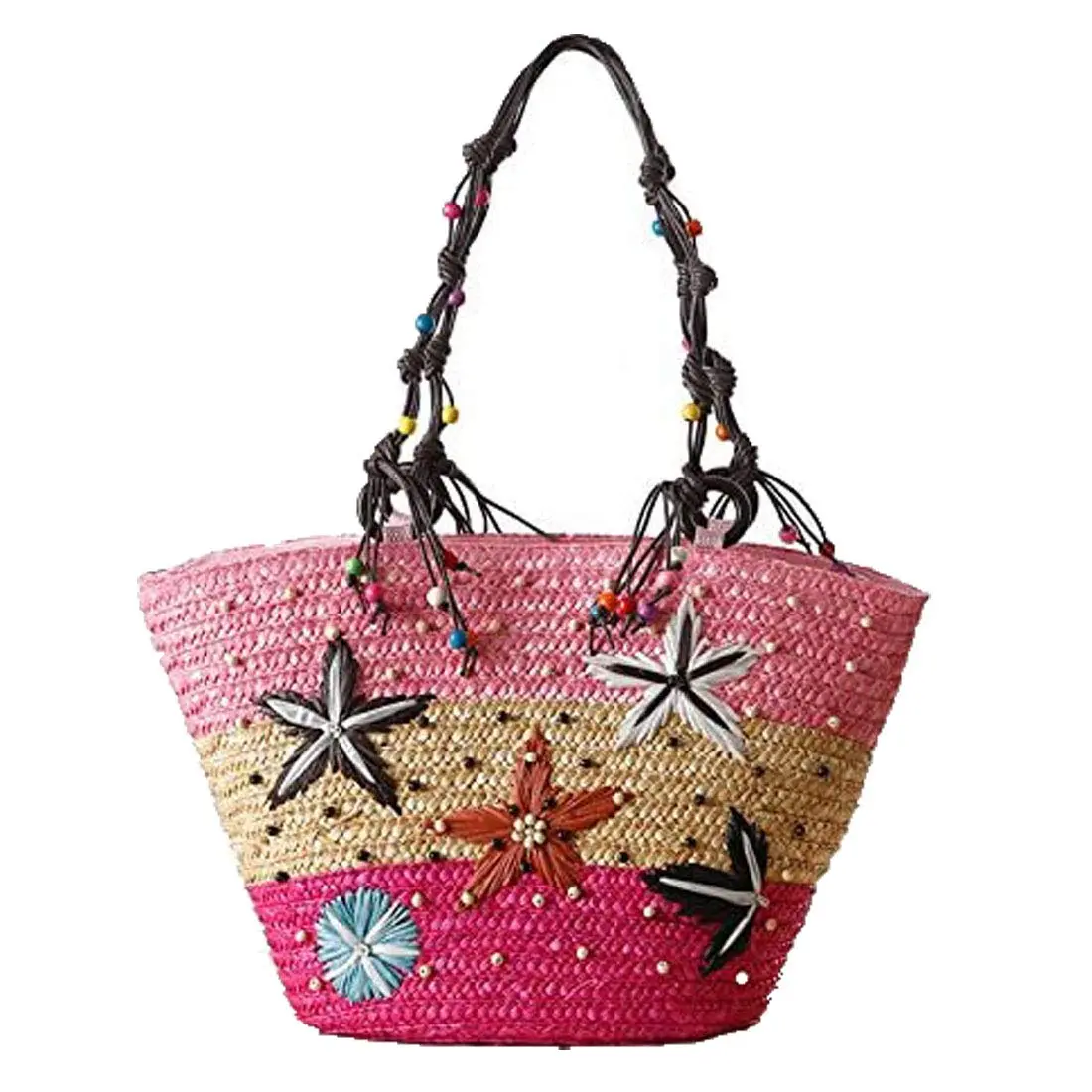 This is a handmade straw woven beach bag with embroidery and beading, perfect for women