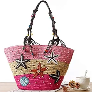 This is a handmade straw woven beach bag with embroidery and beading, perfect for women's fashion as a summer handbag or knitted tote.