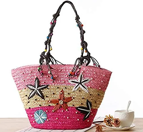 This is a handmade straw woven beach bag with embroidery and beading, perfect for women's fashion as a summer handbag or knitted tote.