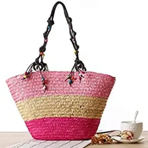 This is a handmade straw woven beach bag with embroidery and beading, perfect for women's fashion as a summer handbag or knitted tote.