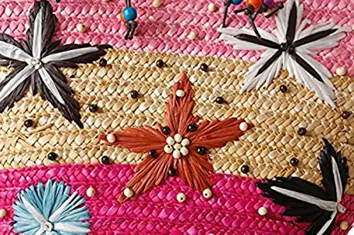 This is a handmade straw woven beach bag with embroidery and beading, perfect for women's fashion as a summer handbag or knitted tote.