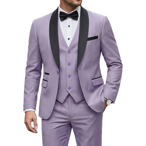 This YND men's 3-piece slim fit tuxedo set features a one-button jacket, matching vest and pants, plus a bow tie, available in 15 colors from XS to 3XL, crafted with quality materials and attention to detail for versatile formal or casual occasions.