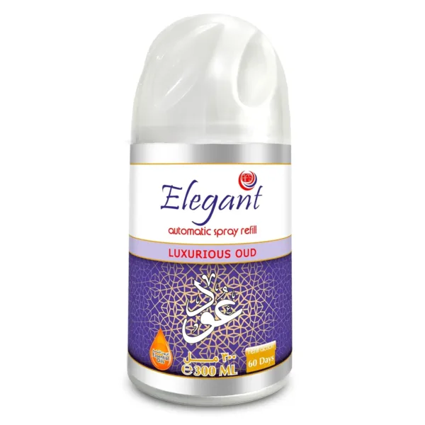 Elegant luxurious oud air freshener refill for automatic dispenser, offering a long-lasting, natural, and fresh fragrance for home and bathroom use, made in UAE.
