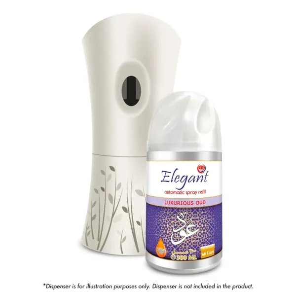Elegant luxurious oud air freshener refill for automatic dispenser, offering a long-lasting, natural, and fresh fragrance for home and bathroom use, made in UAE.