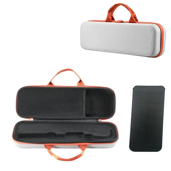 This gray hard carry case securely holds a Dyson Airstrait HT01 hair dryer straightener, charger, cable, and heat mat, providing excellent protection for travel and home storage.