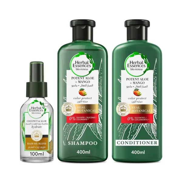 Herbal Essences Aloe Vera and Mango shampoo, conditioner, and hair oil blend is a sulfate-free, color-safe hair care set that hydrates dry hair, protects color, and is cruelty-free.
