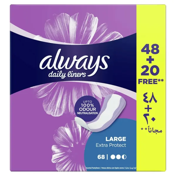 Always Daily Liners Extra Protect Large pantyliners provide up to 100% odor protection with odor neutralizing technology, side protection zones for improved leakage protection, and a soft top sheet for added absorption, comfort, and softness, all dermatologically tested to be gentle on skin.