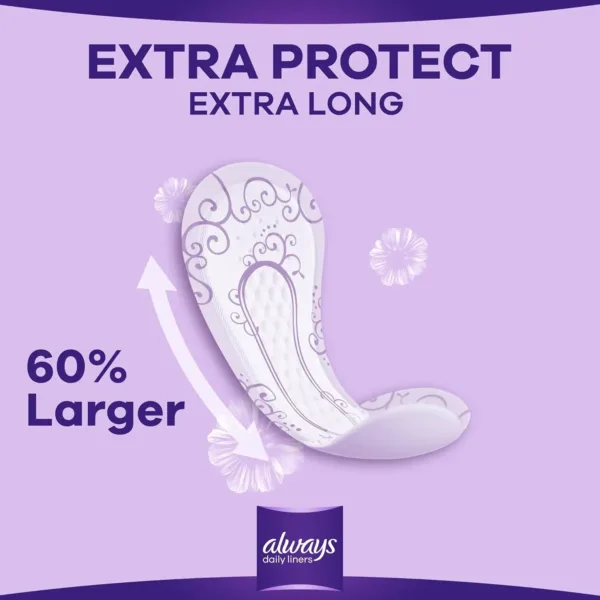Always Daily Liners Extra Protect Large pantyliners provide up to 100% odor protection with odor neutralizing technology, side protection zones for improved leakage protection, and a soft top sheet for added absorption, comfort, and softness, all dermatologically tested to be gentle on skin.