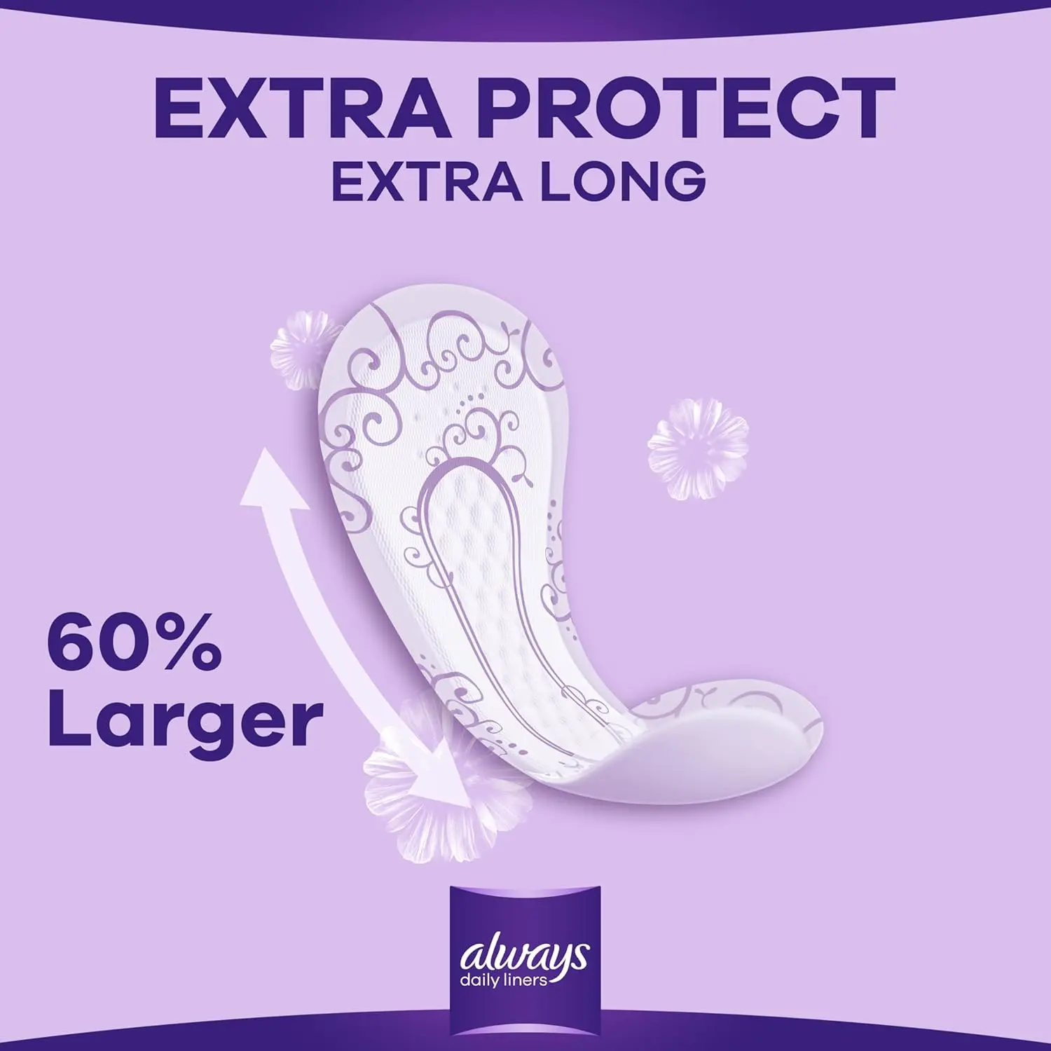 Always Daily Liners Extra Protect Large pantyliners provide up to 100% odor protection with odor neutralizing technology, side protection zones for improved leakage protection, and a soft top sheet for added absorption, comfort, and softness, all dermatologically tested to be gentle on skin.